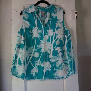 Chicos collared sleeveless palm tropical blue and white top
